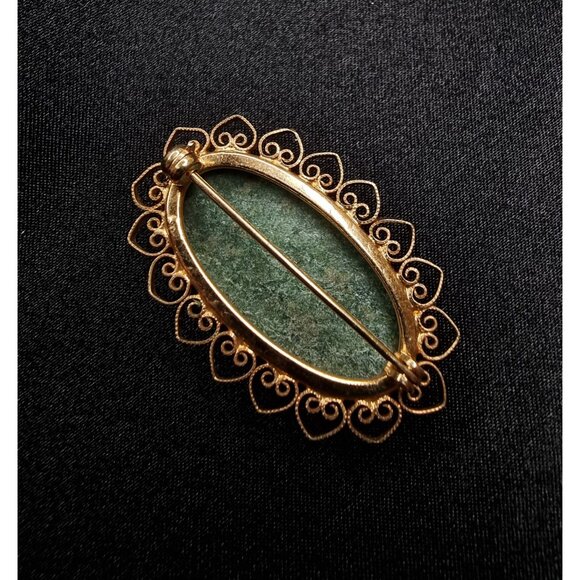Vintage Nephrite Jade Filigree Brooch Oval Gold-Tone Elegant Jewelry Accessory F - Picture 4 of 5